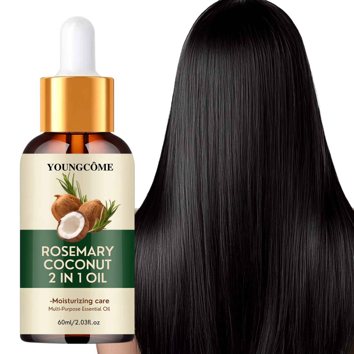 Aceite de Romero Sireluna aplicado en cabello largo y brillante